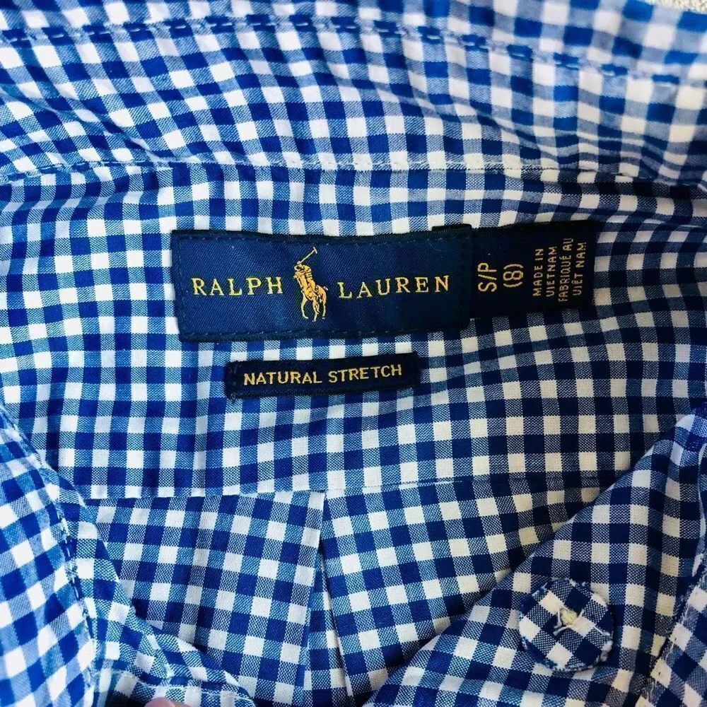 NWOT Ralph Lauren Boys Natural Stretch Blue Checked Long Sleeve Button Down Shir